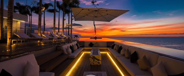 Beachfront lounge with sunken seating, neon lighting, and ocean sunset view at dusk
